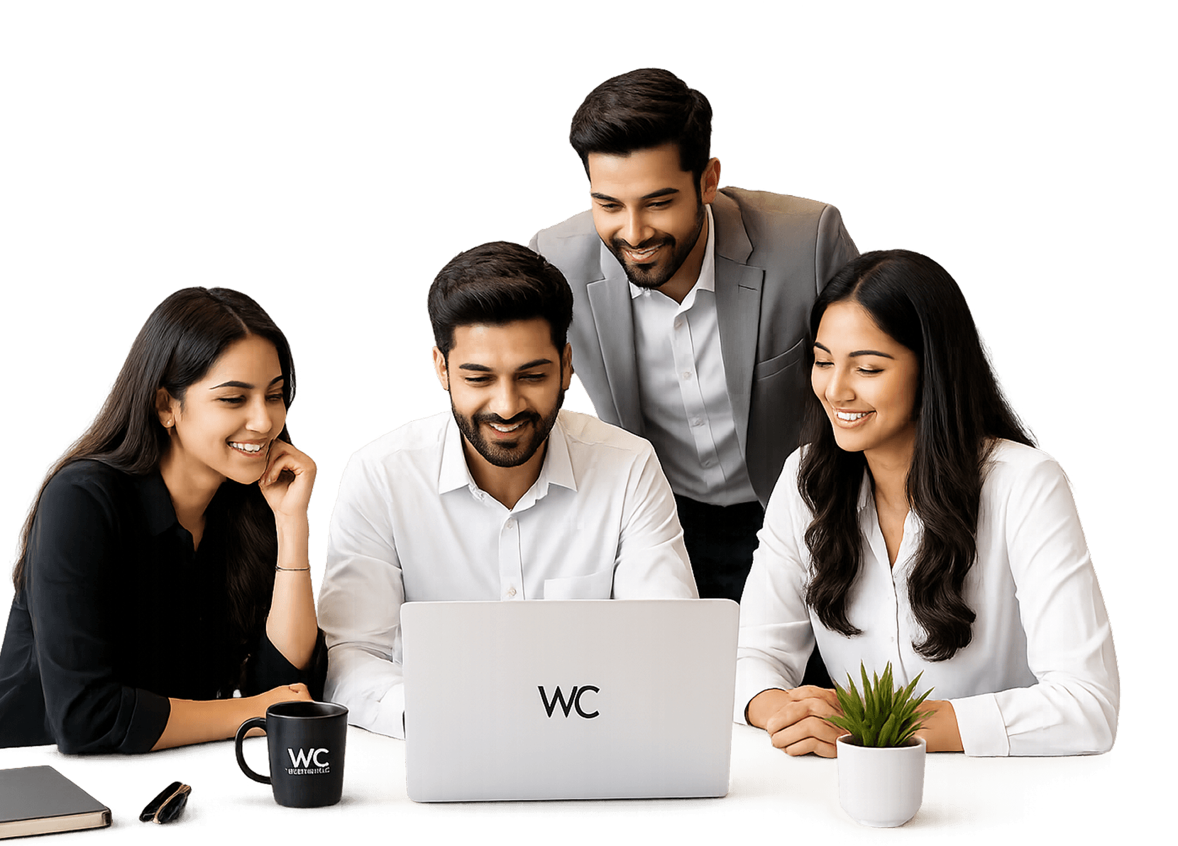 Wealth Clinic team collaborating around a laptop