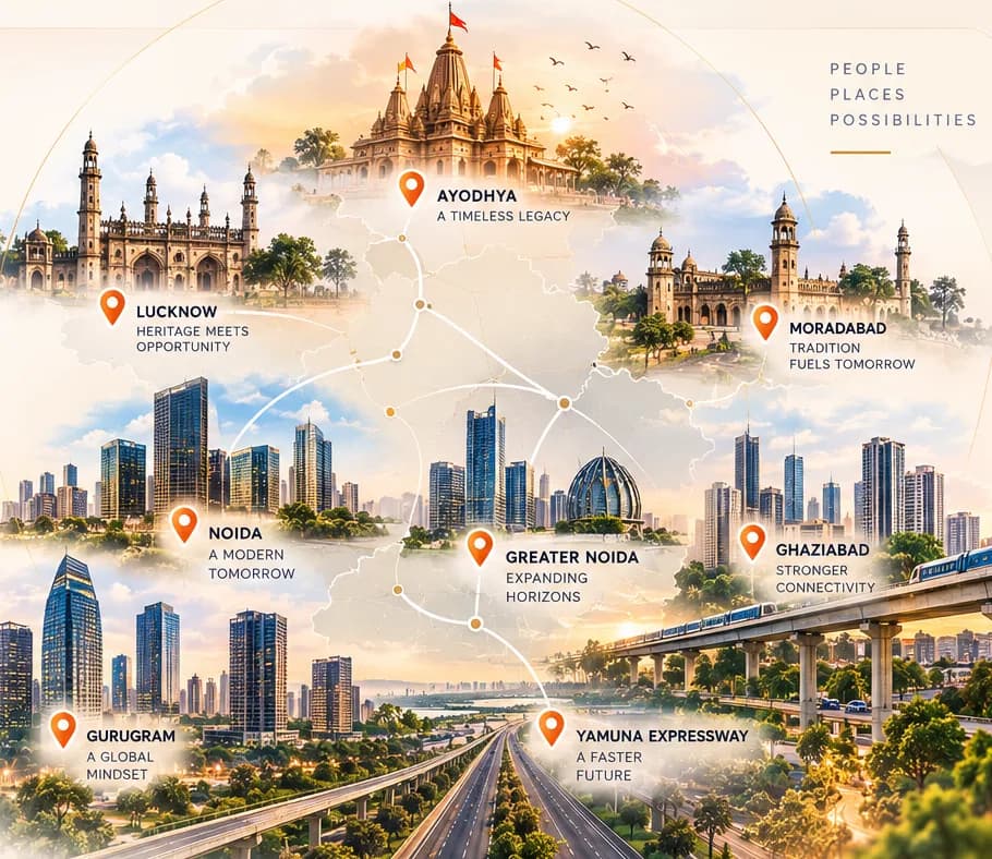 Illustrated map of North India's growth corridors: Ayodhya, Lucknow, Moradabad, Noida, Greater Noida, Ghaziabad, Gurugram and Yamuna Expressway